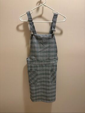 Allegra K Gray Plaid Mini Pinafore Dress